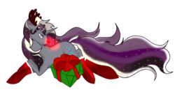 Size: 4707x2480 | Tagged: safe, artist:stagetechyart, nightmare rarity, pony, unicorn, g4, bow, clothes, floppy ears, glowing nose, looking at you, lying, male, nightterror elusive, present, reindeer antlers, rule 63, simple background, socks, solo, stallion, transparent background