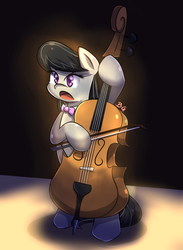Size: 1024x1400 | Tagged: safe, artist:tikrs007, octavia melody, earth pony, pony, g4, bipedal, bow (instrument), cello, colored pupils, crying, female, mare, musical instrument, solo, spotlight