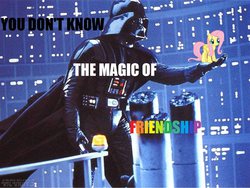 Size: 610x458 | Tagged: safe, edit, fluttershy, pegasus, pony, friendship is magic, g4, brony, darth vader, friendship, image macro, in goliath's palm, meme, micro, star wars