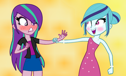 Size: 1072x650 | Tagged: safe, artist:maryam-sheq, aria blaze, sonata dusk, equestria girls, g4, my little pony equestria girls: rainbow rocks, alternate hairstyle, blushing, clothes, denim skirt, dress, female, lesbian, loose hair, ship:arisona, shipping, skirt, sleeveless