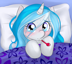 Size: 900x809 | Tagged: safe, artist:askbubblelee, oc, oc only, oc:bubble lee, oc:imago, pony, unicorn, backwards thermometer, bed, blushing, crying, cute, sick, solo, sweat, thermometer, weapons-grade cute