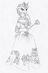 Size: 640x960 | Tagged: safe, artist:veilleurdechagrin, princess cadance, anthro, g4, clothes, dress, female, monochrome, solo, traditional art