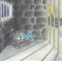 Size: 940x918 | Tagged: safe, artist:islamilenaria, changeling, imprisoned, jail, prison, sad, solo, traditional art