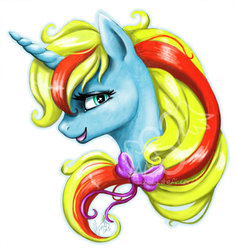 Size: 400x423 | Tagged: safe, artist:stefi-heartlilly, bow tie (g1), g1, g4, bust, female, g1 to g4, generation leap, solo