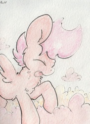Size: 578x793 | Tagged: safe, artist:slightlyshade, scootaloo, g4, cloud, cloudy, female, filly, solo, tongue out, traditional art