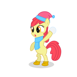 Size: 1200x1200 | Tagged: safe, artist:kyreart, apple bloom, earth pony, pony, g4, :p, bipedal, boots, clothes, female, hat, scarf, shoes, snow, snowball, solo, tongue out, winter hat, winter outfit