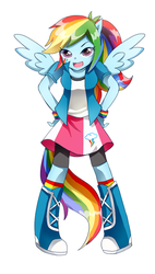 Size: 369x650 | Tagged: safe, artist:hotaruishi, rainbow dash, equestria girls, g4, alternative cutie mark placement, boots, clothes, facial cutie mark, female, leaning, looking at you, pixiv, ponied up, ponytail, rainbow socks, shirt, shoes, simple background, skirt, socks, solo, striped socks, white background, wings