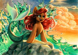 Size: 4074x2871 | Tagged: safe, artist:katputze, mermaid, merpony, absurd resolution, ariel, detailed, horn, ocean, ponified, rock, solo, the little mermaid, traditional art, water, wave