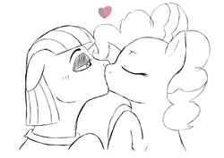 Size: 1186x841 | Tagged: safe, artist:aaron amethyst, maud pie, pinkie pie, earth pony, pony, g4, black and white, duo, female, grayscale, heart, incest, kiss on the lips, kissing, lesbian, mare, monochrome, partial color, piecest, ship:pinkiemaud, shipping, trace