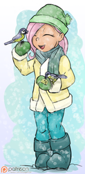 Size: 1000x2035 | Tagged: safe, artist:smudge proof, fluttershy, bird, great tit, human, tit (bird), g4, boots, clothes, cute, eyes closed, happy, humanized, open mouth, patreon, patreon logo, scarf, sketch, smiling, snow, snowfall, younger
