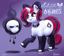 Size: 1466x1300 | Tagged: safe, artist:mataknight, oc, oc only, oc:bubbles, oc:lilith, pony, unicorn, boots, bow, butt, chubby, clothes, collar, earring, eyeshadow, fat, freckles, gloves, inkflame, levitation, makeup, plot, plump, ribbon, simple background, skull, smiling