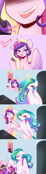Size: 1280x4800 | Tagged: safe, artist:sugarberry, princess cadance, princess celestia, g4, :3, :o, :p, annoyed, ask, ask-cadance, cake, cakelestia, camera, comic, denied, floppy ears, fork, frown, glare, gritted teeth, levitation, magic, parody, smack cam, tongue out, tumblr, vine video, wide eyes, wink