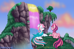 Size: 1500x1000 | Tagged: safe, artist:themackerel, skywishes, star catcher, g3, rainbow waterfall, waterfall