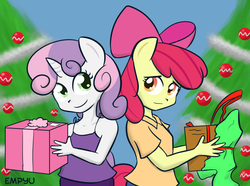 Size: 1000x744 | Tagged: safe, artist:empyu, apple bloom, sweetie belle, earth pony, anthro, g4, 30 minute art challenge, christmas, christmas tree, duo, holiday, tree, wrapping