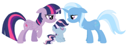 Size: 918x334 | Tagged: safe, artist:unoriginai, trixie, twilight sparkle, oc, unnamed oc, alicorn, pony, unicorn, g4, baby, baby pony, cute, female, filly, foal, lesbian, love, magical lesbian spawn, mare, offspring, parent:trixie, parent:twilight sparkle, parents:twixie, ship:twixie, shipping, simple background, twilight sparkle (alicorn), white background