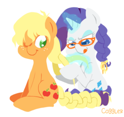 Size: 807x763 | Tagged: safe, artist:coggler, applejack, rarity, g4, alternate hairstyle, braid, braiding, female, glasses, lesbian, magic, rarity's glasses, ship:rarijack, shipping