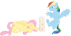 Size: 800x402 | Tagged: dead source, safe, artist:zuli-snap, fluttershy, rainbow dash, pegasus, pony, g4, jenga, scared, simple background, white background