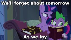 Size: 640x360 | Tagged: safe, spike, twilight sparkle, alicorn, pony, g4, as we lay, female, male, mare, meme, ship:twispike, shipping, shirley murdock, song reference, spike blushing at a book meme, straight, twilight sparkle (alicorn), twilight's bad pickup lines