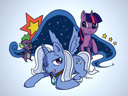 Size: 1753x1316 | Tagged: safe, artist:kuang-han, spike, trixie, twilight sparkle, alicorn, pony, g4, pixiv, race swap