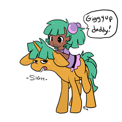 Size: 1000x1000 | Tagged: safe, artist:mt, snails, oc, oc:mudpie, pony, satyr, unicorn, g4, annoyed, blush sticker, blushing, cute, dark skin, daughter, duo, ear fluff, father and daughter, female, floppy ears, freckles, frown, glare, lidded eyes, male, mudpie riding snails, ocbetes, offspring, older, parent:snails, piggyback ride, riding, sigh, simple background, smiling, speech bubble, stallion, unamused, white background