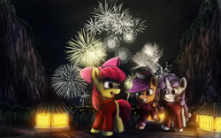 Size: 2880x1800 | Tagged: safe, artist:anticular, apple bloom, scootaloo, sweetie belle, earth pony, pegasus, pony, unicorn, g4, chinese new year, clothes, cutie mark crusaders, female, filly, fireworks, night, year of the horse