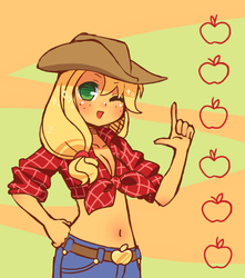 Size: 575x650 | Tagged: safe, artist:hinohimesan, applejack, human, g4, belly button, cleavage, female, front knot midriff, humanized, midriff, orange skin, solo, wink