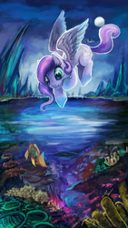 Size: 1620x2880 | Tagged: safe, artist:eiolf, oc, oc only, fish, pegasus, pony, cliff, flying, moon, solo, traditional art, water