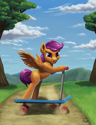 Size: 1147x1500 | Tagged: safe, artist:zevironmoniroth, scootaloo, pegasus, pony, g4, blank flank, female, scenery, scooter, solo