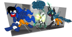 Size: 1280x655 | Tagged: safe, artist:jokerpony, princess luna, queen chrysalis, alicorn, pony, ask teen chrysalis, g4, female, mare, parody, portal 2, say hello to my little friend, scarface, tumblr, turret