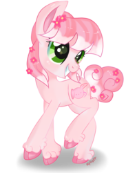 Size: 765x1045 | Tagged: dead source, safe, artist:suzuii, oc, oc only, oc:bunny pop, cloven hooves, flower, flower in hair, grin, looking back, raised leg, smiling, solo, unshorn fetlocks