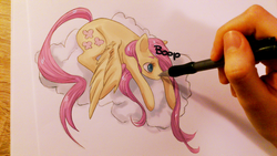 Size: 800x450 | Tagged: safe, artist:brainstew00, fluttershy, g4, boop, cloud, hand, irl, pen, photo, traditional art