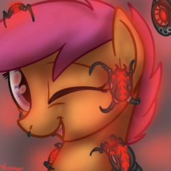 Size: 500x500 | Tagged: safe, artist:versimer, scootaloo, g4, context is for the weak, smiling, this will end in tears, wink