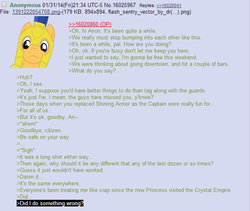 Size: 602x509 | Tagged: safe, flash sentry, oc, oc:anon, g4, /mlp/, 4chan, 4chan screencap, anon in equestria, feels, greentext, meta, rejection, rejection is magic, sad, text