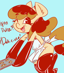 Size: 500x563 | Tagged: safe, artist:krispykakes, oc, oc only, oc:flan pone, food pony, original species, apron, baking, clothes, cookie, evening gloves, flan, solo, spanish, translated in the comments