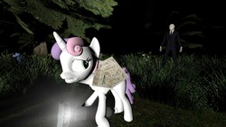 Size: 1920x1080 | Tagged: safe, sweetie belle, pony, unicorn, g4, 3d, flashlight (object), forest, gmod, pages, scary, slender belle, slenderman