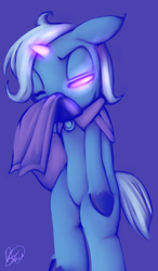 Size: 1693x2900 | Tagged: safe, artist:florecentmoo, trixie, pony, g4, bipedal, cape, clothes, crying, female, glowing eyes, magic, nose blowing, sad, solo, unshorn fetlocks