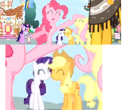 Size: 623x566 | Tagged: safe, screencap, applejack, cheese sandwich, fluttershy, pinkie pie, rainbow dash, rarity, twilight sparkle, alicorn, pony, g4, pinkie pride, female, lowres, mare, out of context, shipping fuel, twilight sparkle (alicorn)