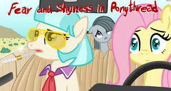 Size: 1696x900 | Tagged: safe, artist:hudoyjnik, coco pommel, fluttershy, marble pie, g4, car, cigarette, cigarette holder, fear and loathing in las vegas, hilarious in hindsight, parody, ponythread, sunglasses, the council of shy ponies, trio
