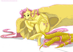 Size: 950x685 | Tagged: safe, artist:thecuriousfool, discord, fluttershy, g4, in goliath's palm, micro, realistic, ship:discoshy, shipping, size difference, snuggling