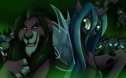 Size: 4000x2480 | Tagged: dead source, safe, artist:elenalone, queen chrysalis, big cat, changeling, hyena, lion, g4, be prepared, crossover, scar, scar (the lion king), the lion king