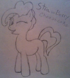 Size: 360x401 | Tagged: safe, artist:kitsamoon, oc, oc only, female, filly, monochrome, sketch, solo, traditional art, wink