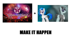 Size: 900x516 | Tagged: safe, dj pon-3, neon lights, rising star, vinyl scratch, pony, unicorn, g4, exploitable meme, female, make it happen, male, meme, stallion, straight, tomorrowland