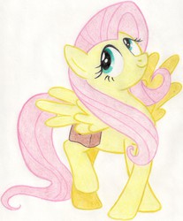 Size: 2151x2593 | Tagged: safe, artist:muffin mane, fluttershy, pegasus, pony, g4, putting your hoof down, bag, colored pencil drawing, cute, female, mare, raised hoof, saddle bag, shyabetes, simple background, solo, spread wings, traditional art, white background, wings