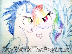 Size: 640x480 | Tagged: safe, artist:skysparkthepegasus, rainbow dash, soarin', g4, chest fluff, female, male, ship:soarindash, shipping, straight, traditional art