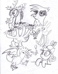 Size: 789x1013 | Tagged: safe, artist:toon-n-crossover, discord, gilda, screwball, cockatrice, draconequus, griffon, hydra, parasprite, g4, chaos creature, monochrome, multiple heads