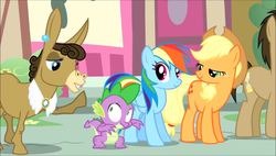 Size: 848x480 | Tagged: safe, screencap, applejack, doctor whooves, matilda, rainbow dash, spike, time turner, donkey, dragon, earth pony, pegasus, pony, g4, my little pony: friendship is magic, pinkie pride, female, male, mare