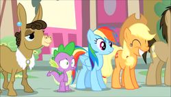 Size: 848x480 | Tagged: safe, screencap, applejack, doctor whooves, matilda, rainbow dash, spike, time turner, earth pony, pony, g4, my little pony: friendship is magic, pinkie pride