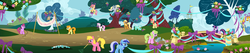 Size: 3648x768 | Tagged: safe, composite screencap, edit, screencap, apple bumpkin, apple cobbler, berry punch, berryshine, carrot top, cherry berry, daisy, derpy hooves, dizzy twister, flower wishes, golden harvest, lyra heartstrings, minuette, orange swirl, twilight sparkle, twinkleshine, earth pony, pegasus, pony, unicorn, g4, swarm of the century, apple family member, background pony, bow, bridge, decoration, female, frown, mare, mouth hold, panorama, rake, river, stream, unicorn twilight, watering can, welcome princess celest