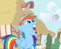 Size: 600x480 | Tagged: safe, screencap, rainbow dash, pegasus, pony, g4, pinkie pride, season 4, animated, cartoon physics, cupcake, cute, dashabetes, digestion without weight gain, eating, female, food, gif, gluttony, goof off, hammerspace, hammerspace belly, loop, mare, nom, open mouth, smiling, solo, stuffing, swallowing, this will end in colic, this will end in weight gain