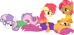 Size: 2980x1430 | Tagged: safe, artist:zacatron94, apple bloom, babs seed, scootaloo, sweetie belle, g4, bed mane, clothes, cutie mark crusaders, messy mane, morning ponies, pajamas, simple background, transparent background, vector